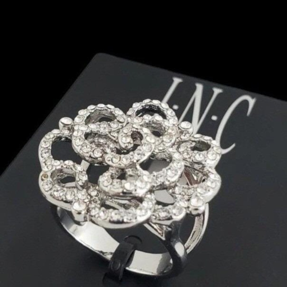 INC Women's Silver-Tone Faux Crystal Pave Rose Statement Ring Sz 6 New with Tag - Picture 5 of 7